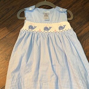 Blue Gingham Baby Dress with Whale Embroidery